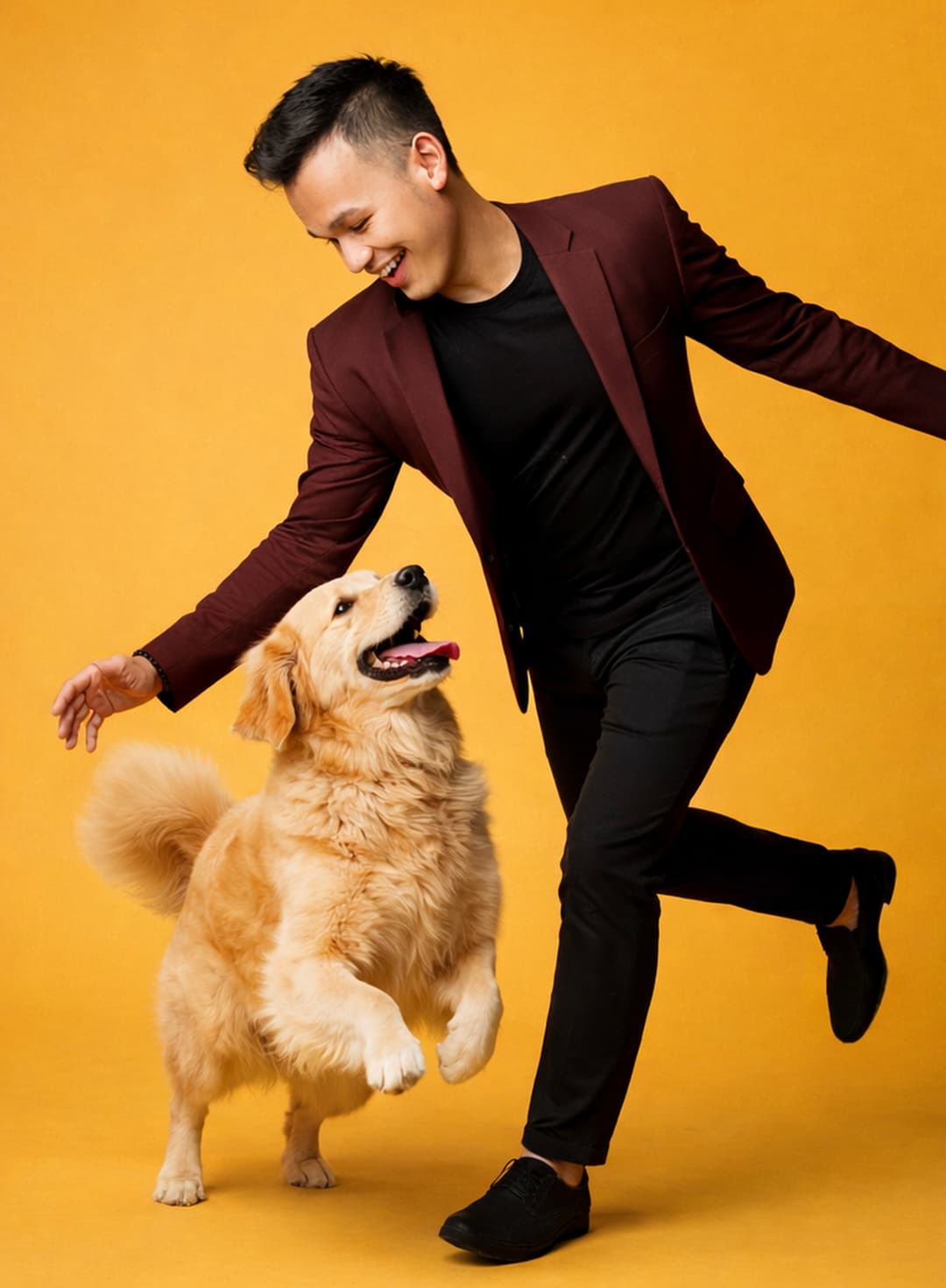 Founder playing with a happy golden retriever, highlighting trusted and passionate pet care leadership